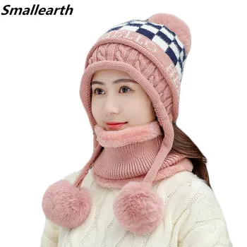 

Women's Plus Velvet Thick Hat Scarf Sets Winter Warm Beanies Scarves Set For Girls Plush Bonnet Femmale Skullies Riding Caps