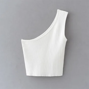 

MAN&GO Women's T-shirt 2020 spring and summer new sexy asymmetrical exposed single shoulder sleeveless slim thick ribbed T-shirt