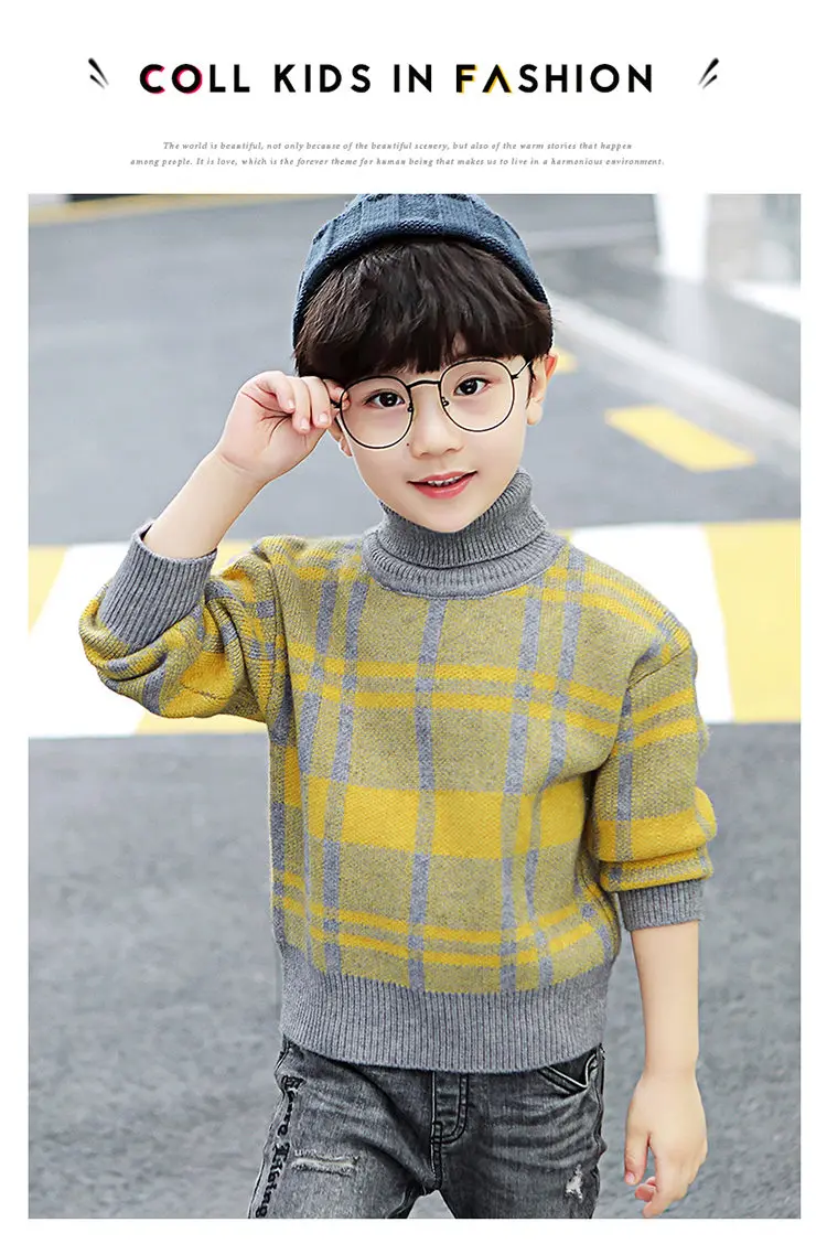 Корейский стиль, детский клетчатый вязаный свитер с высоким воротником для маленьких мальчиков Детский желтый, синий, красный свитер в клетку, одежда для малышей 2-11T