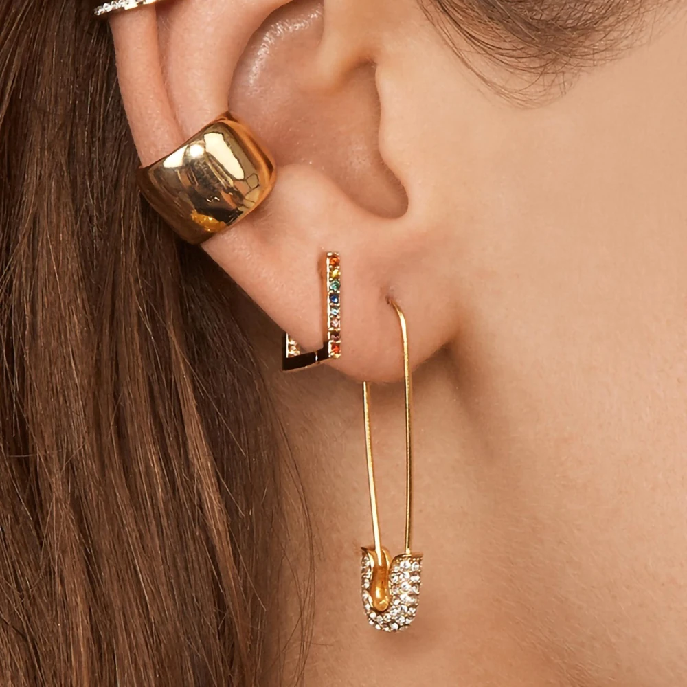 YMYW Trendy Safety Pin Rhinestone Earrings Jewelry for Women Punk Personality Charm Fashion Golden Metal Brincos Bijoux | Украшения и