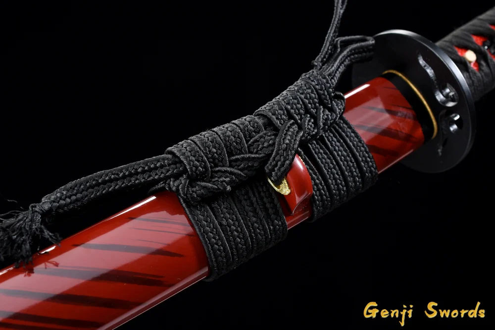 Полностью Тан ручной работы катана, японский самурайский меч острый край красный клинок из марганцевой стали