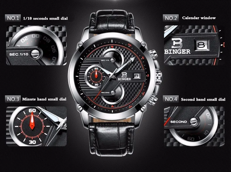 BINGER Мужские кварцевые часы со стальным ремешком, черные часы с хронографом, мужские часы, Топ бренд, роскошные часы, Relogio Masculino Esportivo