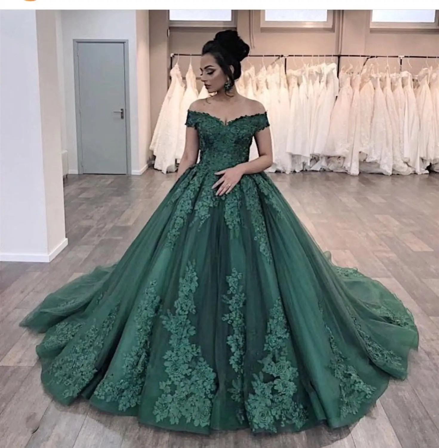 

2020 Green Evening Dress Sweetheart Tulle Cap Sleeve Sweep Train Lace Appliques Women Party Gowns Formal Luxury vestido pra noi