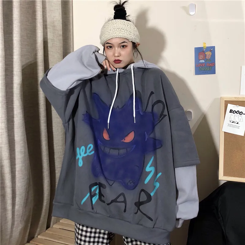 

Women Hoodies Sweatshirts 2019 Winter Pullover Thick Loose Female Student Tracksuits Harajuku Devil cartoon Hood BF Hip Tops