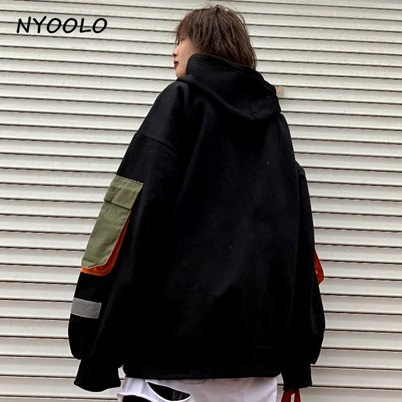 NYOOLO Harajuku дизайн с буквенным принтом большие карманы Лоскутная функция карго толстовки осень зима плюс бархат с капюшоном пуловеры толстовка женская мужская одежда топы