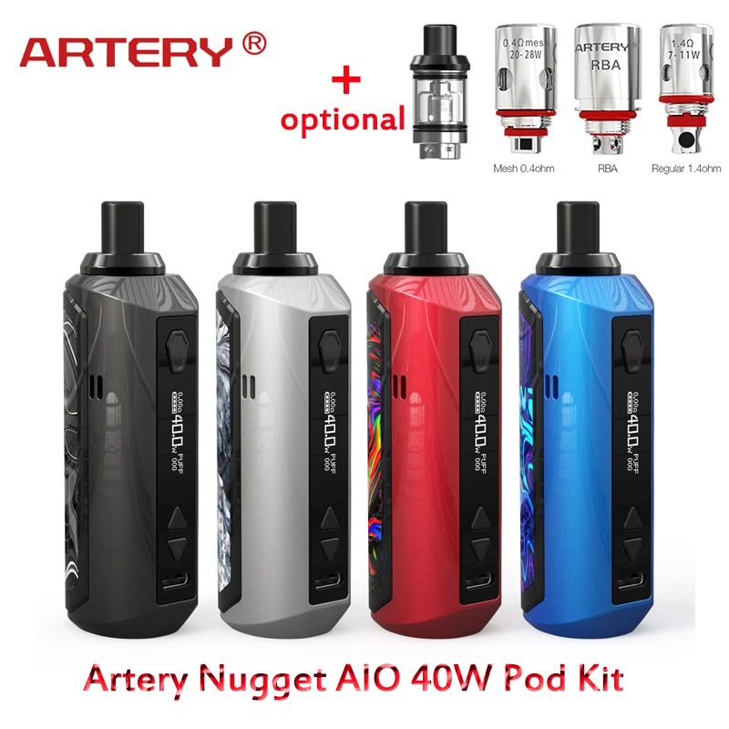 

New Artery Nugget AIO 40W Pod Kit with 1500mAh built-in battery 2.0ml Pod Cartridge 1.4ohm/0.4ohm/RBA E-cig Vape Pod Kit
