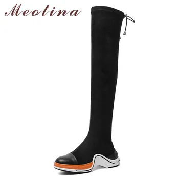 

Meotina Winter Thigh High Boots Women Genuine Leather Flat Platform Over The Knee Boots Slim Stretch Round Toe Shoes Lady 34-43