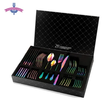 

24 PCS Rainbow Tableware Non-fading Flatware Set Cutlery Stainless Steel Dinnerware Set Colorful Hotel Party Kitchen Gift Box