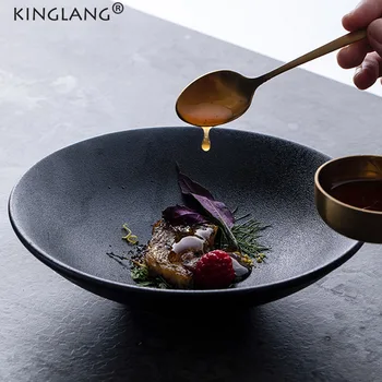 

KINGLANG European Style Ceramic Bowl Grind Noodle Bowls Dark Colored Tableware Deep Plate Matte Black Ramen Bowl