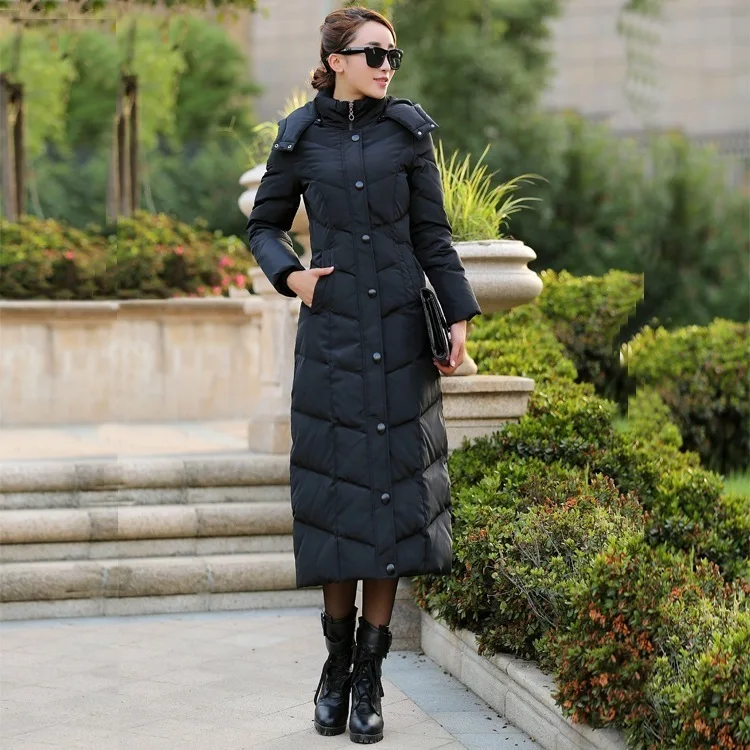 X-long приталенная верхняя одежда, белое пуховое пальто, длинная куртка с гусиным пером, женские зимние пуховые куртки, Толстая теплая парка с капюшоном YP026 - Цвет: Black