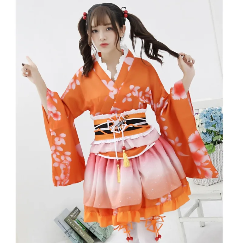 Kimono Japanese Style Kawaii Girls Floral Yukata Haori Love Live Lolita Dress for Women Party Yukata Dance Anime Cosplay Costume