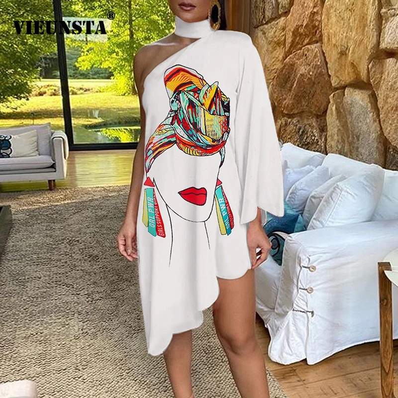2020 Autumn One-shoulder Long Sleeve Party Dress Women Leopard Peacock Print Ruffle Summer Vintage Elegant Irregular | Женская одежда