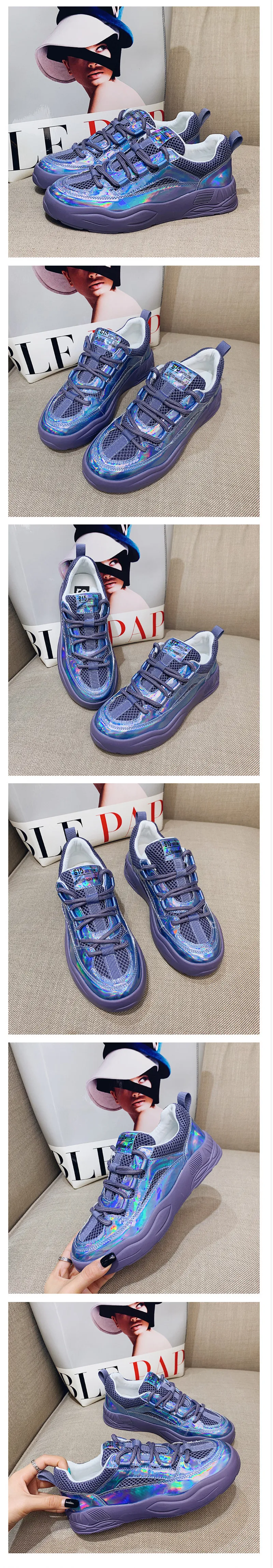 European 2020 Women Sneakers 0ld Harajuku Shoes Lace Up Thick Bottom Flat Heel Laser Silver Purple Platform Sports Women's Casual Shoes (1)