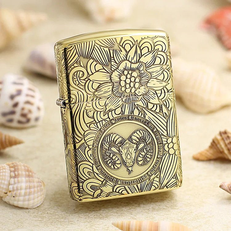 

Genuine Zippo oil lighter copper windproof 12 constellations Aries 3D cigarette Kerosene lighters With anti-counterfeiting code