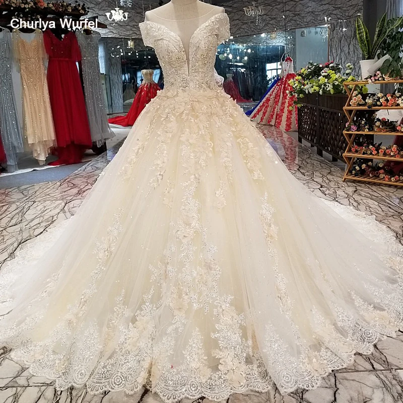 

LS64771 elegant shiny wedding gown 2018 with flowers o-neck short sleeves lace up back bridal wedding cheap dress with train