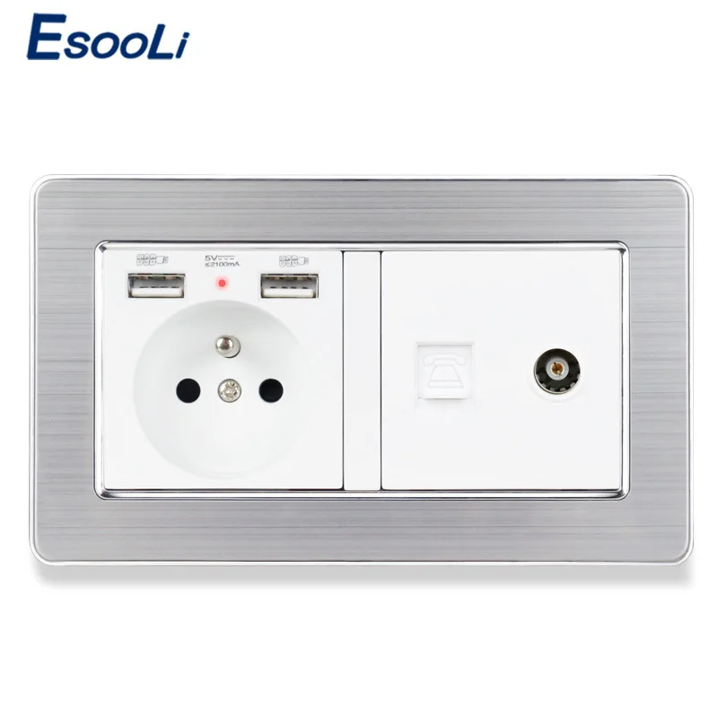 ESOOLI панель из нержавеющей стали французская стандартная розетка с 2 usb-портом для
