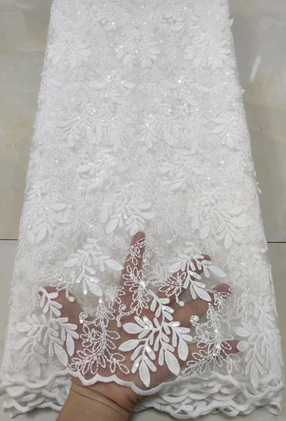 Latest African Lace Fabric High Quality African French Net Laces With Sequins Embroidery Tulle Lace For Dresses ETB92 WHITE