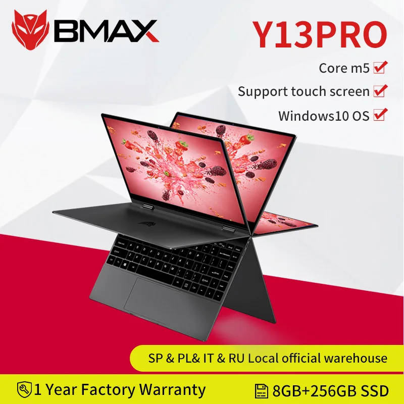 Portátil convertible 2 en 1 BMAX Y13 Pro, pantalla táctil de 13.3 FHD (1.920x1.080) IPS, Intel Core m5-6Y54, 8GB RAM, 256GB SSD, HD Graphics 515, Windows 10, ultraligero