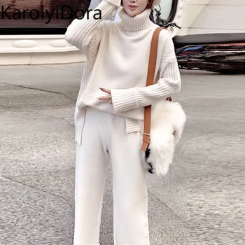 

Sweater Set Women Winter Knitted Suits 2 Piece Set Soild Turtleneck Sweater + Loose Trousers Office Lady Suit 2019 Warm Pullover