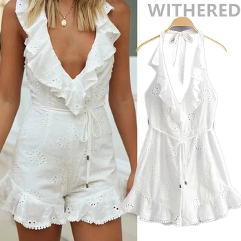 

Dave&Di ins fashion blogger vintage bohemian cotton beach playsuits women halter sexy backless lace sexy playsuits women