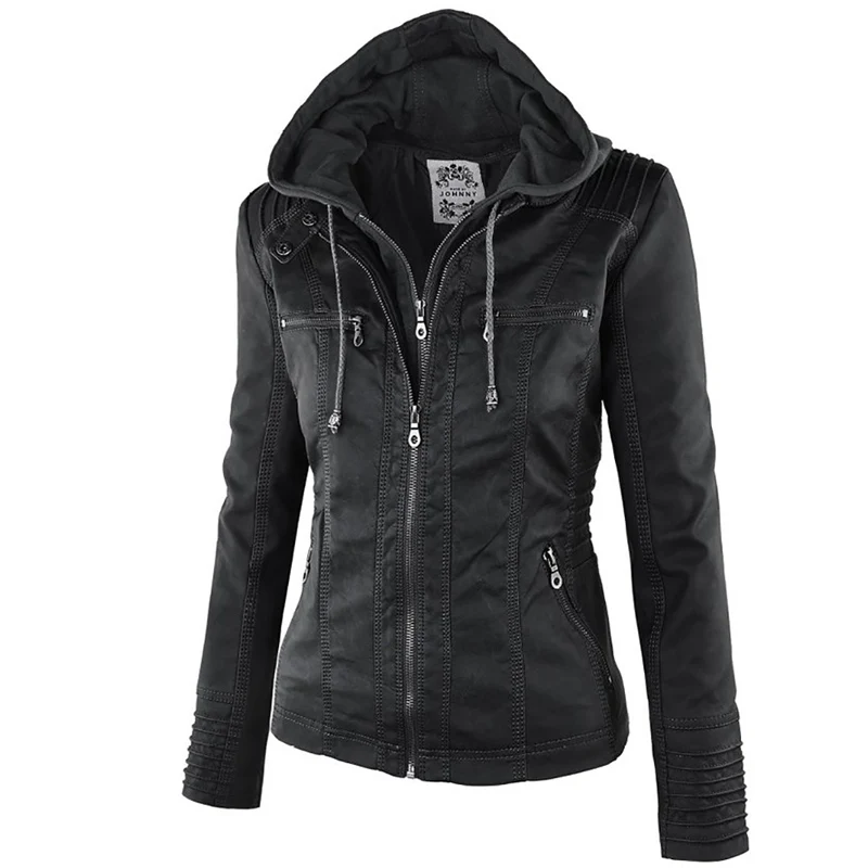 С оторочкой капюшона из искусственного кожаное пальто женское Черная байкерская кожаная куртка для женщин; Большие размеры зимнее теплое пальто женский ветрозащитный Изящная верхняя одежда - Цвет: Black