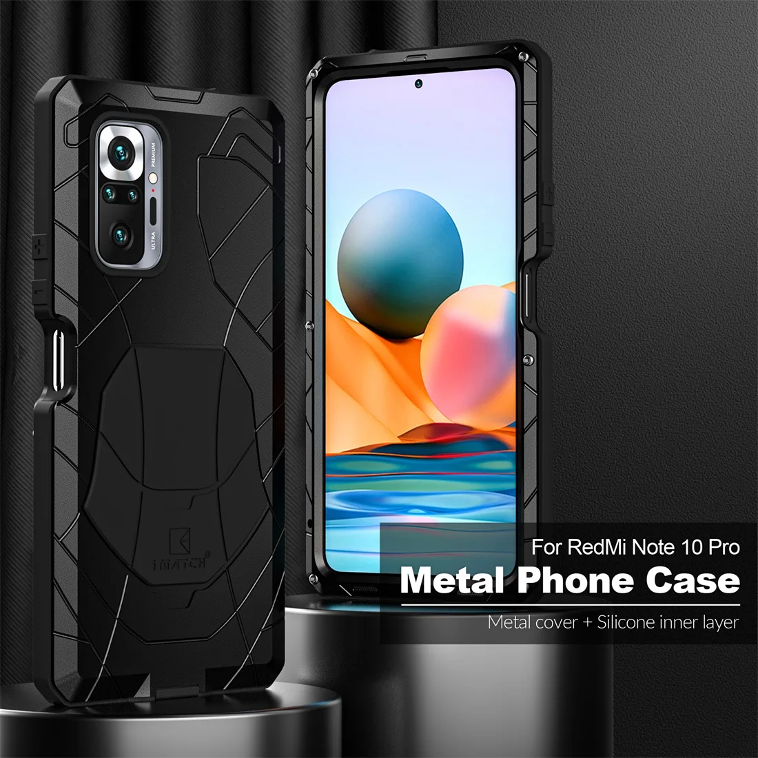 For Xiaomi Redmi Note 10 Pro Phone Case Hard Aluminum Metal Heavy Duty Protection Cover with Tempered Glass Gift Accessories