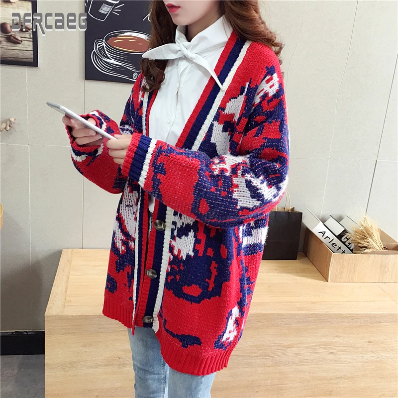 

2019 New Autumn Medium Long Loose Women Knitting Sweater Single Breasted Ladies Long Sweater Red Casual Sweater Cardigans Femme