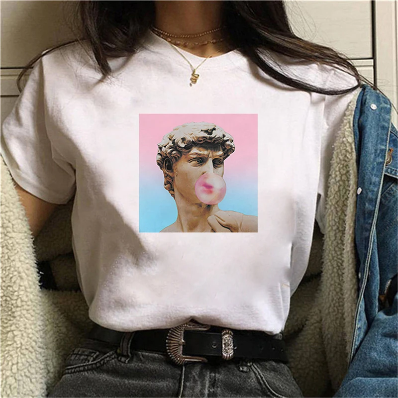 Women's T-shirt 90s Ulzzang Harajuku Graphic Funny White Drawing David Print T-shirt O Neck Casual Women's Top T-shirt