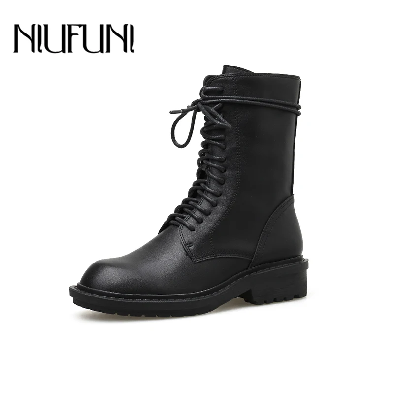 

NIUFUNI Women's Ankle Strap Zipper Boots Fashion Platform Low Heel Black Martin Boot 2020 Warm Slim Woman Shoes Lady Footwear