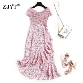 

Elegant Lady Chiffon Dress Summer Style 2020 New Woman Clothes V Neck Ruffled Print Mid Calf Sexy Party Dresses