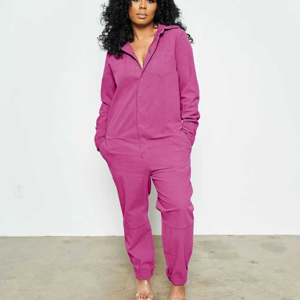 Cargo Pants Jumpsuit Loose Button V-neck Long Sleeve Women Overalls Romper Summer Elegant Combinaison Femme Vintage Jumpsuits C