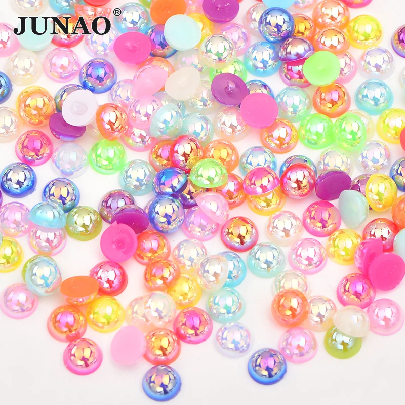 

JUNAO 6 8 10 12mm Mix Color Half Round Pearl Beads AB Rhinestone Applique Flatback Cabochon Beads Scrapbook Strass Decoration