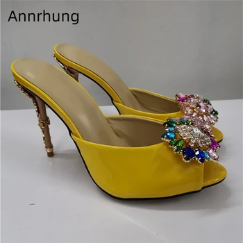 

Bright Yellow Patent Leather High Heels Women Coloured Metal Decor Thin Heel Open Toes Jeweled Crystal Flower Women Slippers