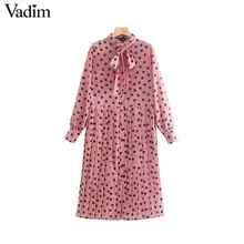 Vadim женское шикарное розовое платье миди с принтом в горошек галстук-бабочка с длинным рукавом Женские повседневные плиссированные платья, платья QC721