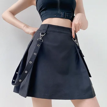 

YYXZ Spring Summer Fashion Slim Gothic Style Big Pockets Solid Color SML High Waist Woman Casual Mini Skirt Lady A-line Skirt