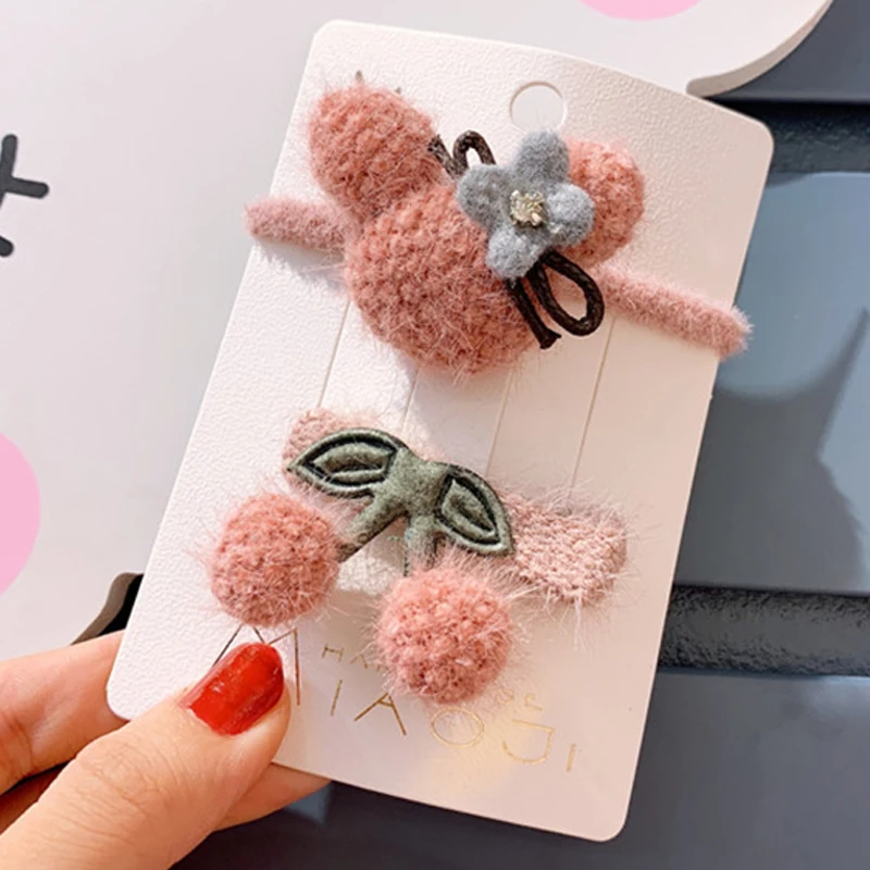 

2pcs/Set Cute Girls Little Lamb Wool Hair Clips Boutique Handmade Beer Elastic Hair Bands Toddlers Kids Winter Hair Accessories