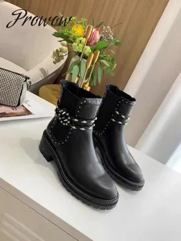 

Prowow Luxury Autumn Winter Genuine Leather Metal Studded Punk Ankle Boots Thick Heel Cutout Low Heel Boots Shoes Women