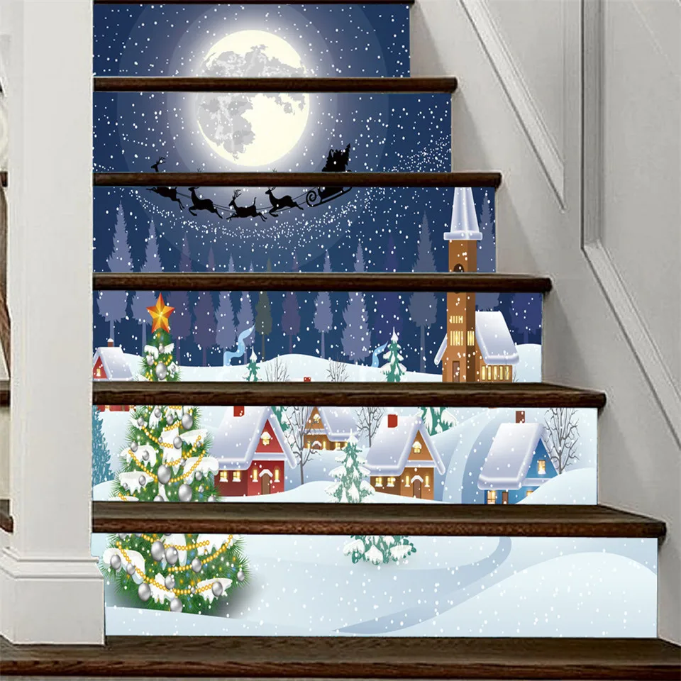 3D Visual Staircase Sticker Christmas Snowman Santa Wallpaper Self Adhesive DIY Wall Mural Removable Stairs Decal for Xmas Decor