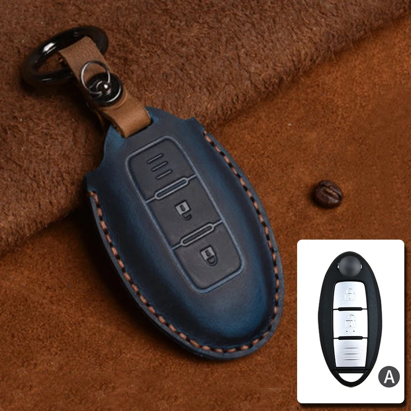1х чехол для ключей из натуральной кожи для Nissan, Infiniti 3 4 кнопки для ключа ФОБ держатель Крышка - Название цвета: Type A - Blue