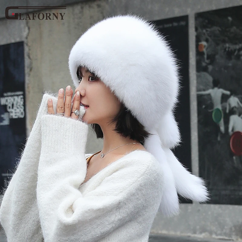 

2019 Glaforny fox fur hat woman winter five-tail hat ear protection tassel Korean version warm thickened rex rabbit fur hat