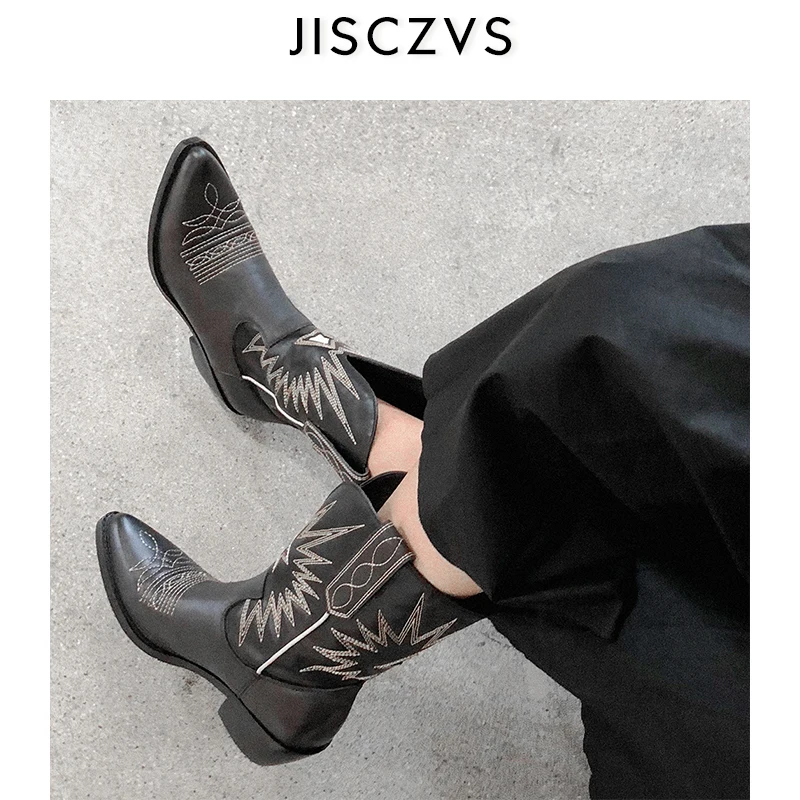 

2019 Western Boots Women Autumn Winter White Beige Black Color Mid-Calf Boots Pointy Toe Cowboy Cowgirl Motorcycle Boots Female