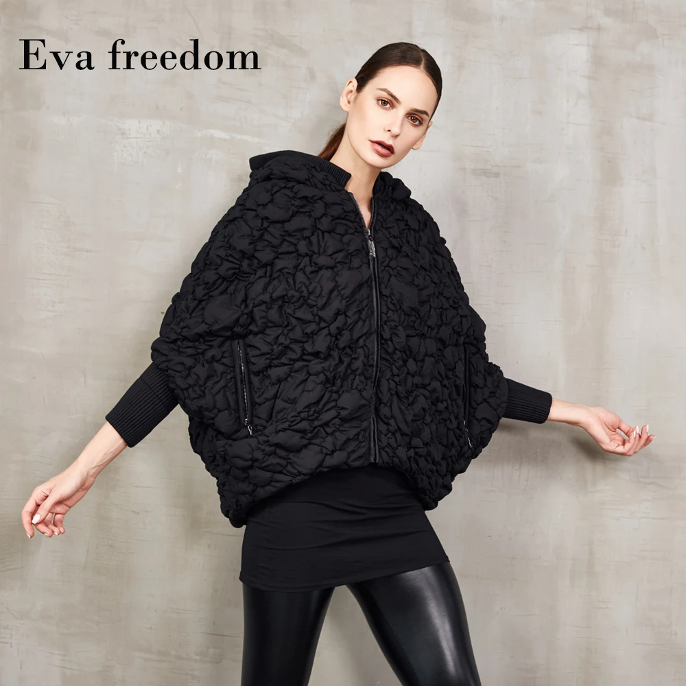 Черный Winter Fashion Loose Style Short Design Batwing Sleeve Cloak Down Coat Hooded Winter Outwear - Цвет: Черный