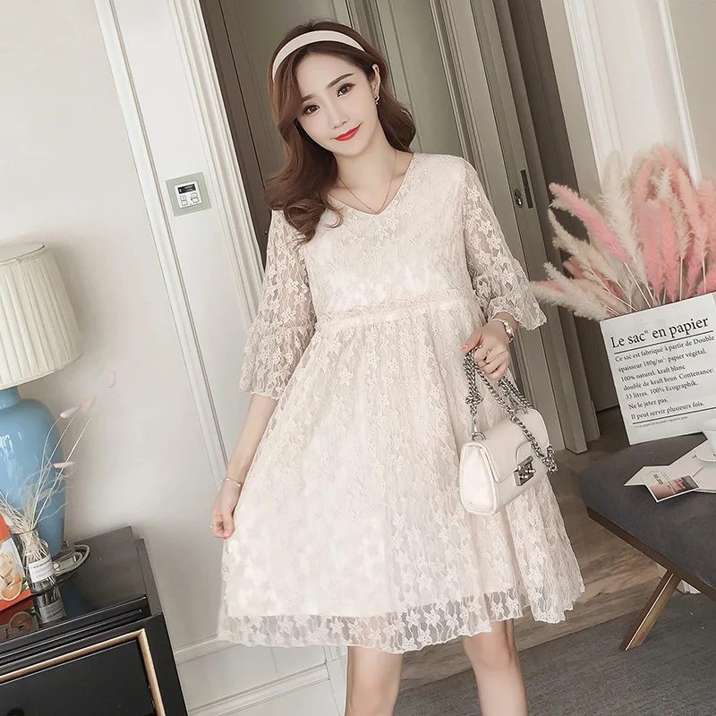 

2018 Summer New Style Korean-style Loose-Fit Fashion Mom Pregnant Women Dress Mid-length Tops Nursing Clothes Lace Dress