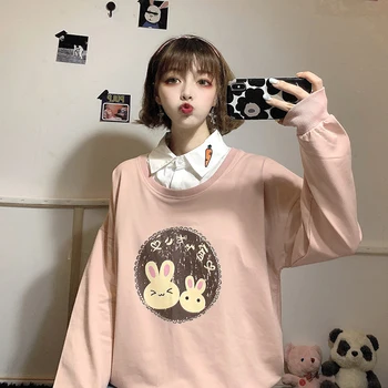 

Autumn Sweet women hoodies Fashion cute rabbit print pullovers POLO collar fake two pieces loose baggy sweatshirt female tops