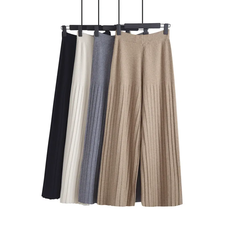 

Fashion Autumn Winter Trousers Female 2019 Korean Loose Knitted Wide Leg Pants Solid Elastic High Waist Casual Pants Plus Size