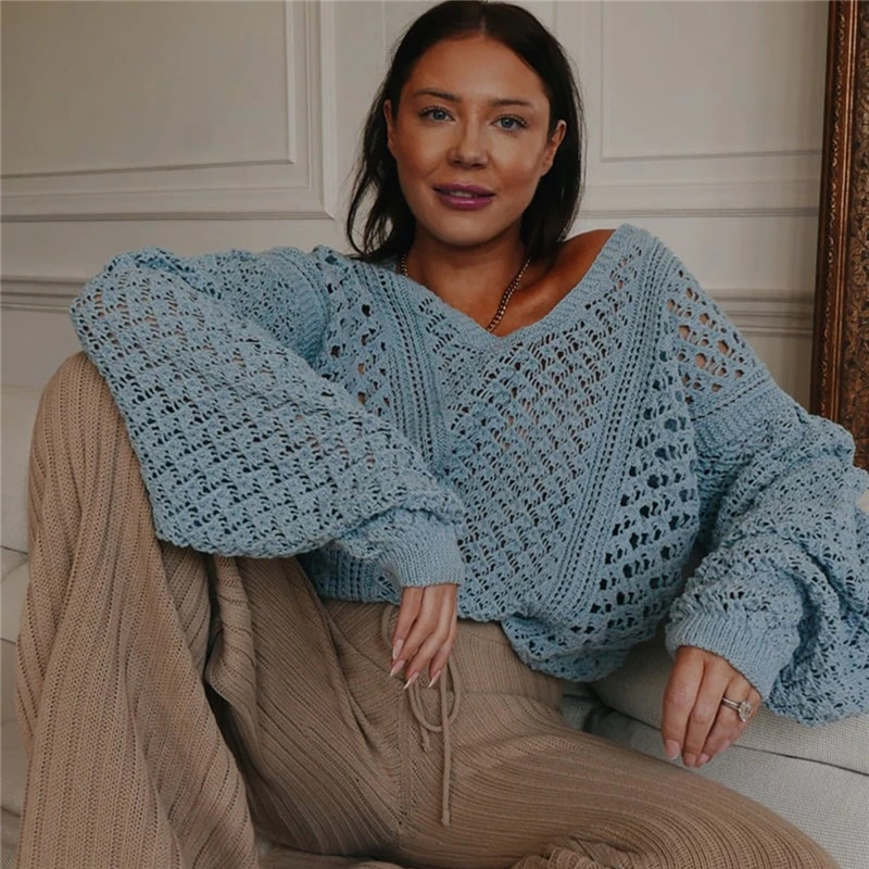 Crochet Knit Puff Sleeve Sweaters Women V-neck Luxe Cream Florence Single  Breasted Hollow Cardigan Jumper - Cardigan - AliExpress