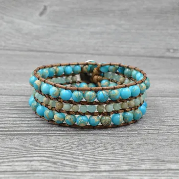 

Blue Boho Bracelets Natural Stone Leather Wrap Bracelets Cuff Vintage Hand Weaving Bracelets Retro Fashion Jewelry