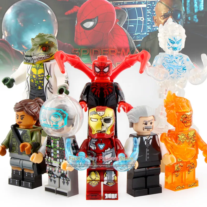 

8pcs Avengers Endgame Spider-Man 2 Ironman Far From Home Lizard Fire and Wind element Iron Man Building Blocks Toys X0268