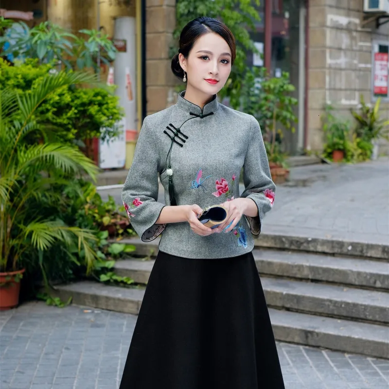 Sheng Coco Pretty Pink Chinese Qipao Shirt Woolen Retro Tops Flowers Dragonfly Embroidery Women Cheongsam Tops 4XL Autumn Blouse