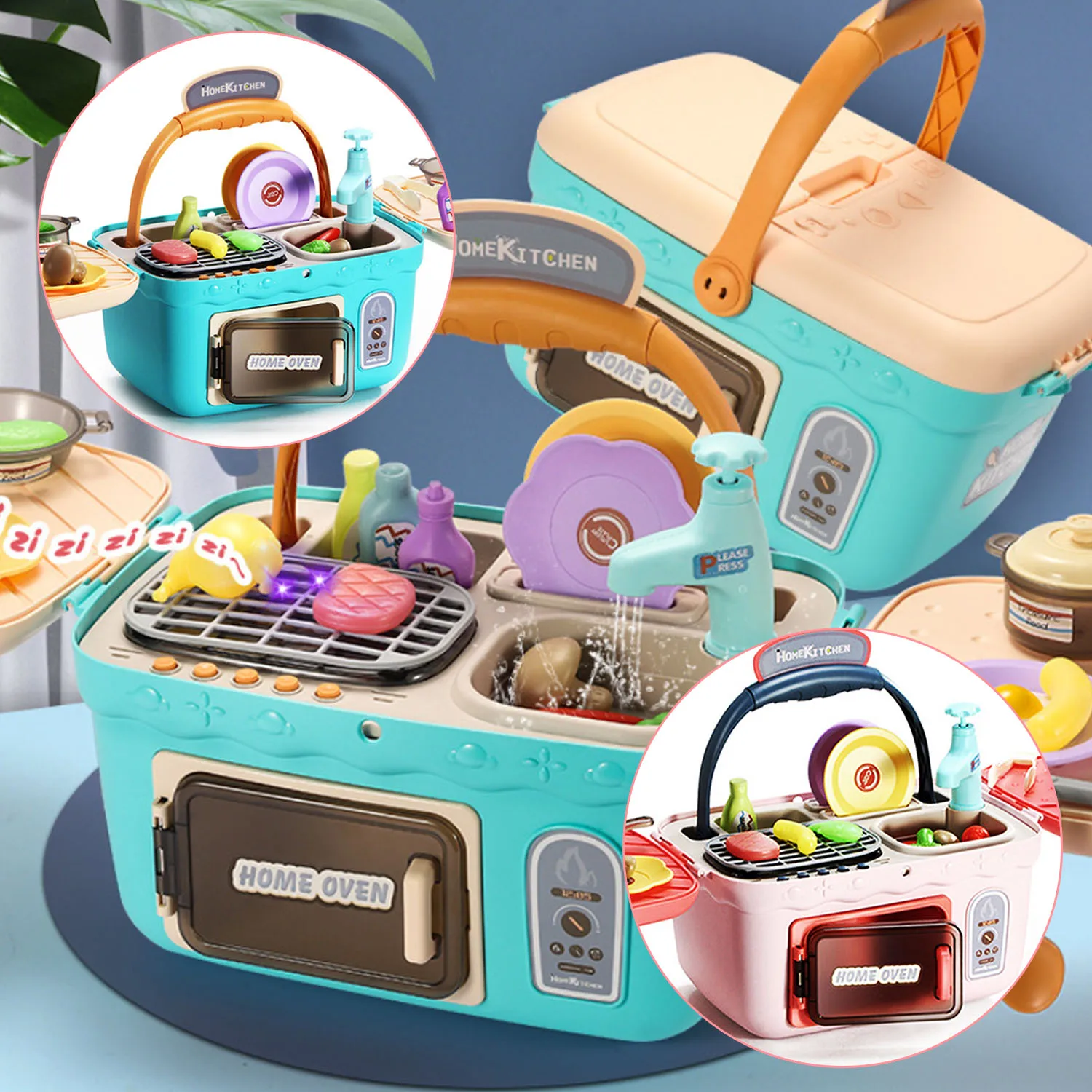 

Kids Kitchen Toys Preten Play Cooking Playset Picnic Basket Toy with Musics Lights Color Changing Food Toys for Children Gifts